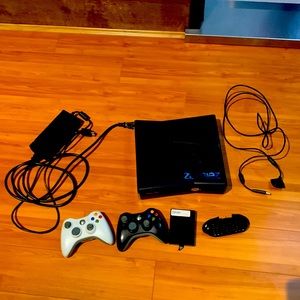 Xbox 360. two controllers. power cable. charging cable for controllers. 208GB